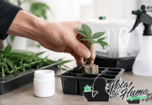 Enraizante para esquejes: cómo usarlo para favorecer las raíces Esqueje de cannabis colocado en un taco de propagación con enraizante para favorecer el desarrollo de raíces.