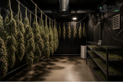 Espacio de secado de marihuana con ramas colgadas y rejillas, imagen sobre cómo secar marihuana correctamente 