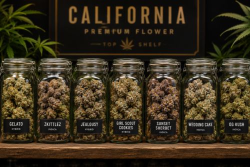 Frascos de cristal de diferentes variedades de marihuana californiana