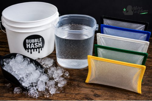Materiales para preparar bubble hush, con cubo, hielo, agua y bolsas de extracción de malla 
