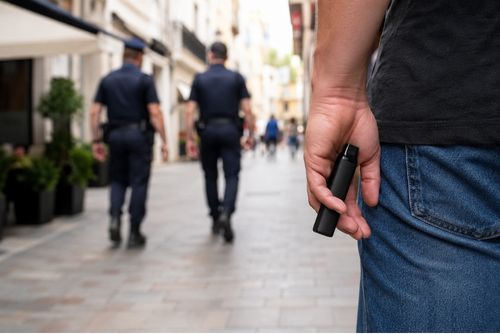 persona con un vaporizador hhc en un espacio público 
